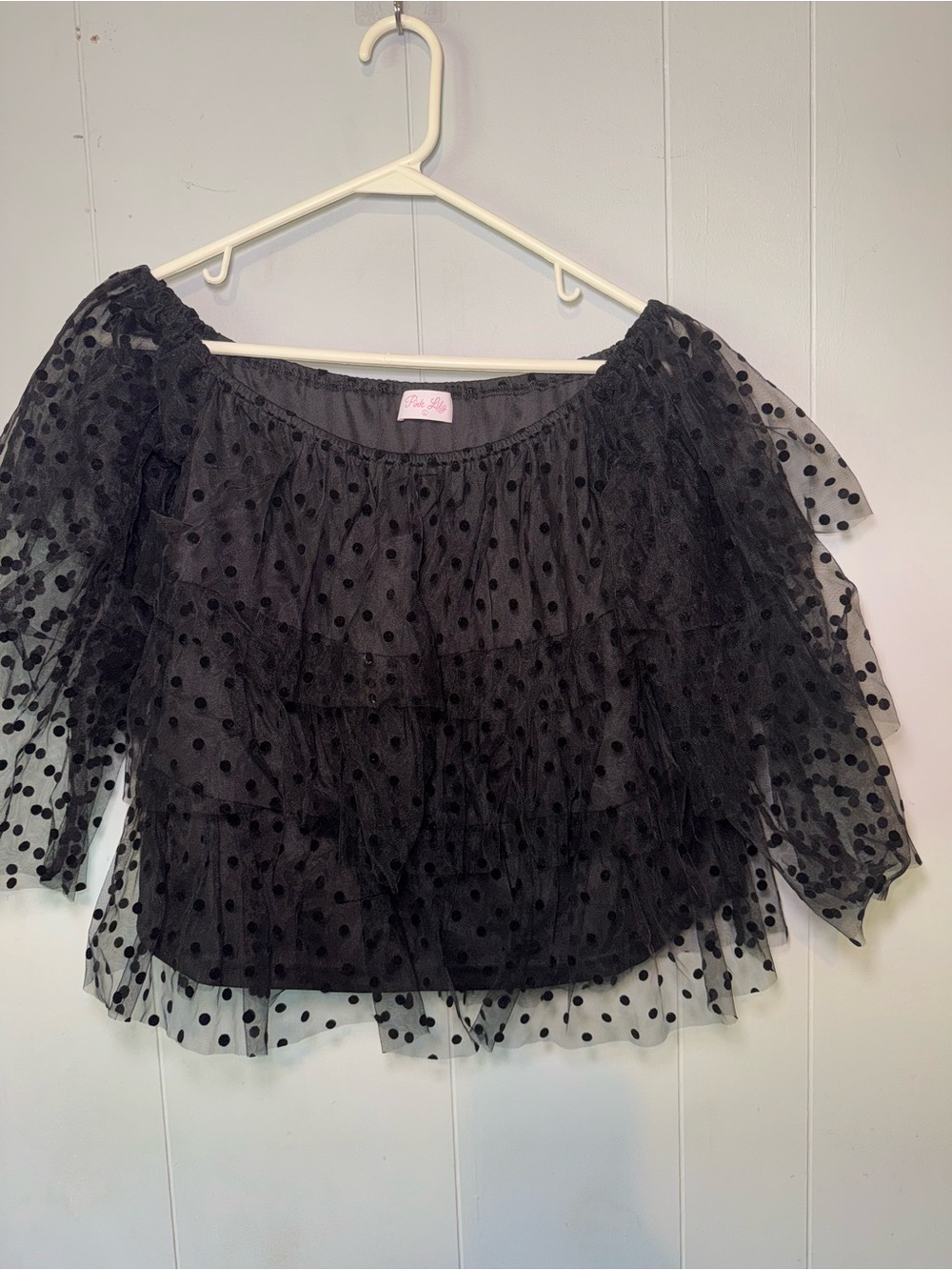 Pink Lily Black Sheer Polka Dot Ruffle Off-Shoulder Top